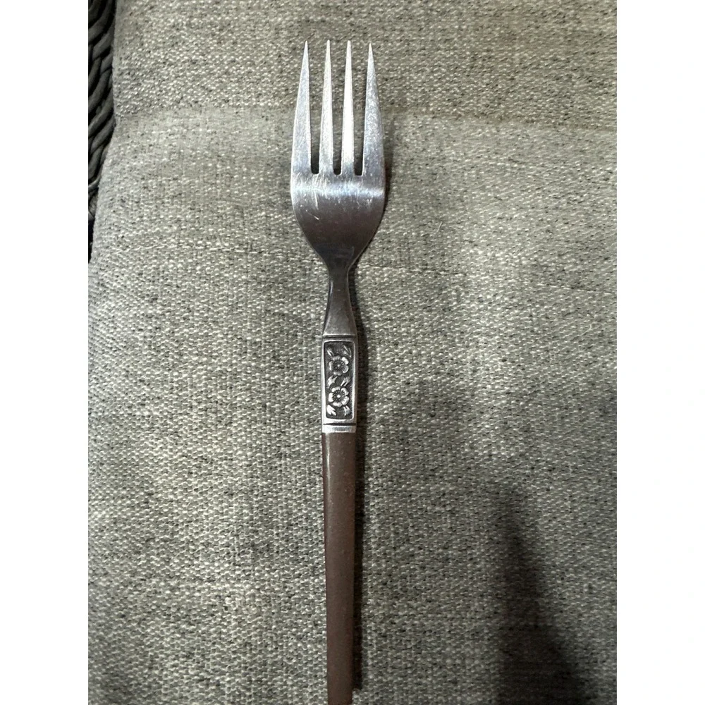 Ekco Eterna Stainless‎ Steel Serving Fork Brown Handle Floral Scroll Vintage MCM